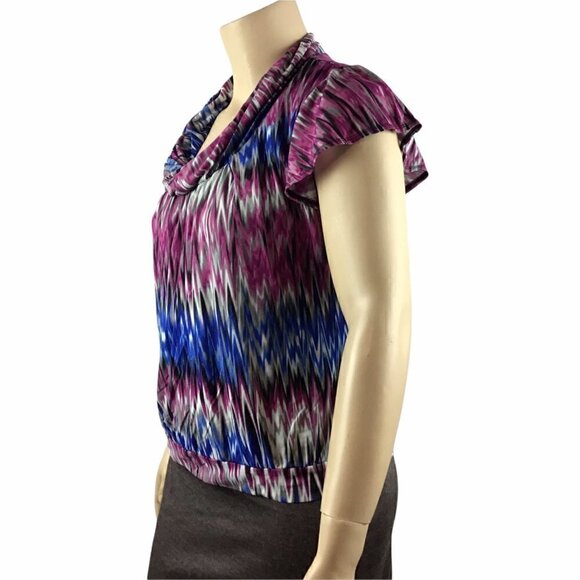 Worthington Top Size XL Pink Blue Multicolor Print Cap Sleeves Cowl Neck - Picture 4 of 7